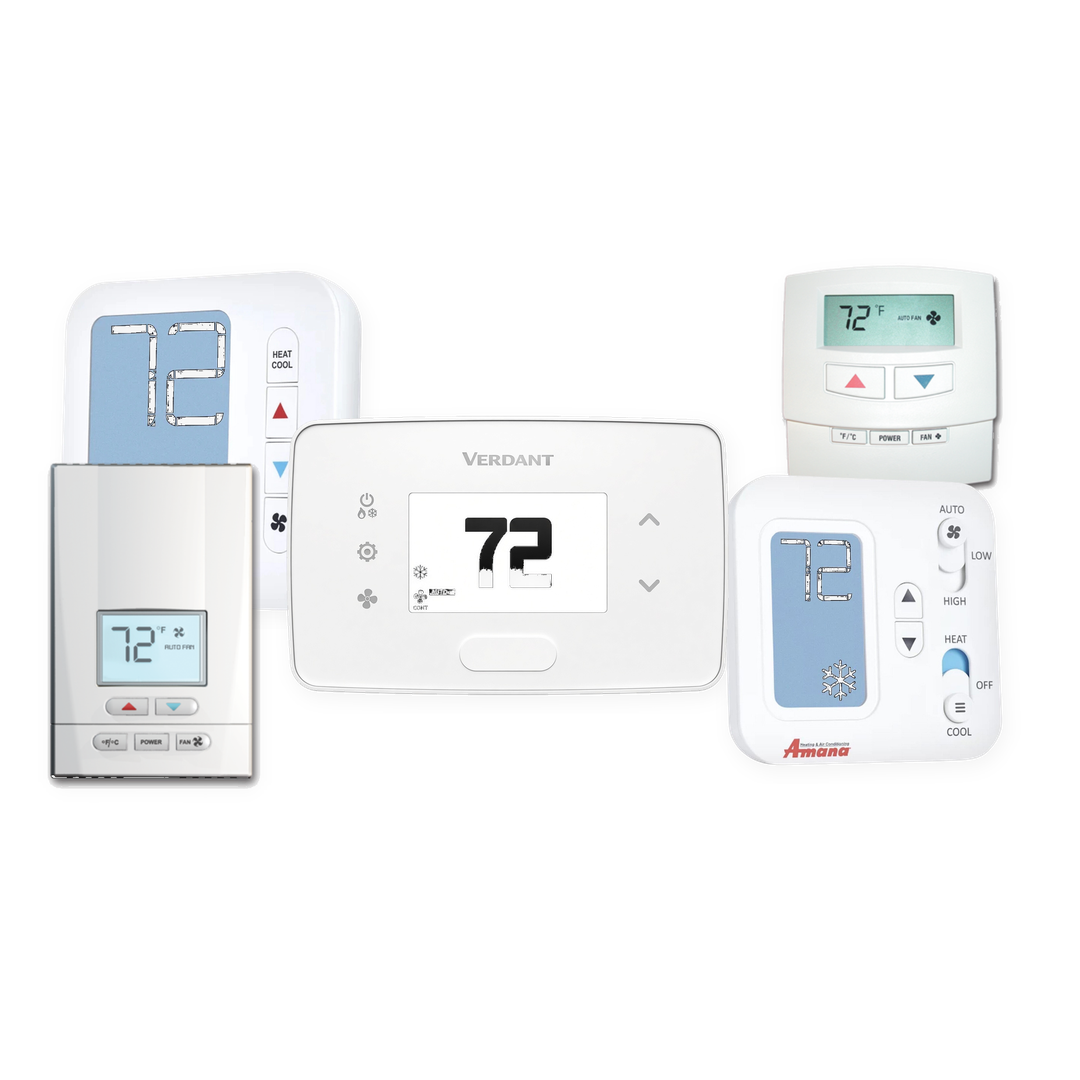 PTAC and VTAC thermostats for hotels in Canada — Verdant energy management, HotelTech Optimax and Ultra, Amana PHWT-A200 and PHWT-A150H